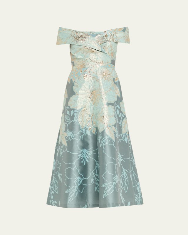 Off-Shoulder Metallic Jacquard Midi Dress